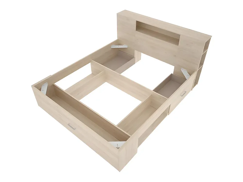 Vente-unique Lit avec tête de lit rangements et tiroirs - 140 x 190 cm - Coloris : Naturel - LEANDRE* Lit Avec Rangement