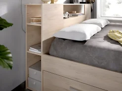 Vente-unique Lit avec tête de lit rangements et tiroirs - 140 x 190 cm - Coloris : Naturel - LEANDRE* Lit Avec Rangement