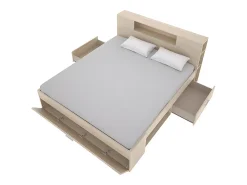 Vente-unique Lit avec tête de lit rangements et tiroirs - 140 x 190 cm - Coloris : Naturel - LEANDRE* Lit Avec Rangement
