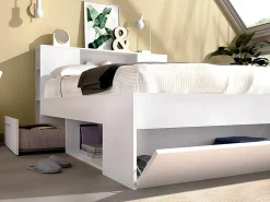 Vente-unique Lit avec tête de lit rangements et tiroirs - 140 x 190 cm - Coloris : Blanc + Sommier + Matelas - LEANDRE* Lit Avec Rangement