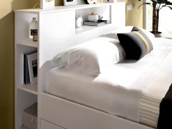 Vente-unique Lit avec tête de lit rangements et tiroirs - 140 x 190 cm - Coloris : Blanc + Sommier + Matelas - LEANDRE* Lit Avec Rangement