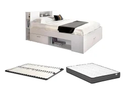 Vente-unique Lit avec tête de lit rangements et tiroirs - 140 x 190 cm - Coloris : Blanc + Sommier + Matelas - LEANDRE* Lit Avec Rangement