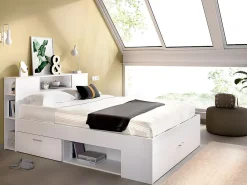 Vente-unique Lit avec tête de lit rangements et tiroirs - 140 x 190 cm - Coloris : Blanc + Sommier + Matelas - LEANDRE* Lit Avec Rangement