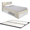 Lit avec tête de lit rangements et tiroir - 120 x 190cm - Coloris : Naturel et blanc + Sommier - LEANDRE>Vente-unique New