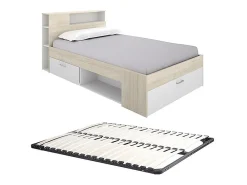 Lit avec tête de lit rangements et tiroir - 120 x 190cm - Coloris : Naturel et blanc + Sommier - LEANDRE>Vente-unique New