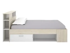Lit avec tête de lit rangements et tiroir - 120 x 190cm - Coloris : Naturel et blanc + Sommier - LEANDRE><noscript><img width=
