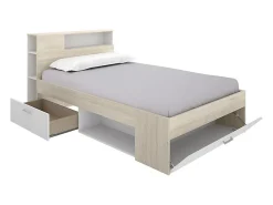 Lit avec tête de lit rangements et tiroir - 120 x 190cm - Coloris : Naturel et blanc + Sommier - LEANDRE><noscript><img width=