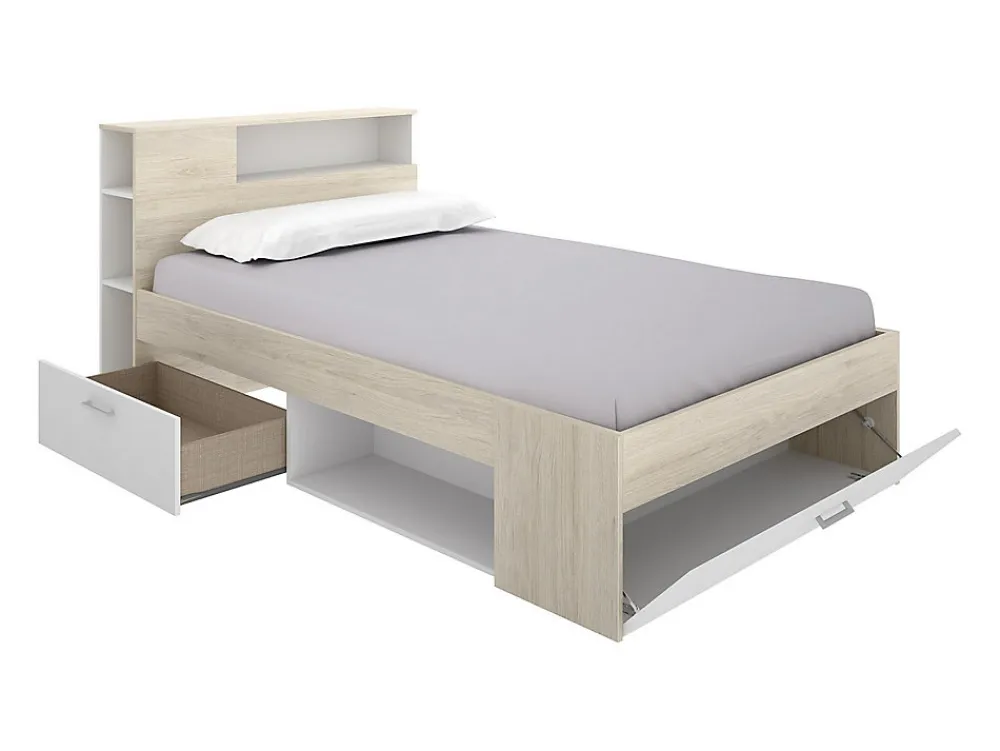 Lit avec tête de lit rangements et tiroir - 120 x 190cm - Coloris : Naturel et blanc + Sommier - LEANDRE>Vente-unique New