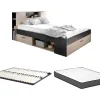 Lit avec tête de lit rangements et tiroirs - 160 x 200 cm - Coloris : Naturel et anthracite + Sommier + Matelas - LEANDRE>Vente-unique Sale