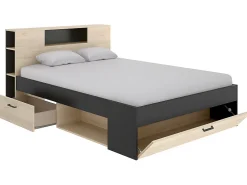 Lit avec tête de lit rangements et tiroirs - 160 x 200 cm - Coloris : Naturel et anthracite + Sommier + Matelas - LEANDRE><noscript><img width=