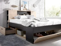 Lit avec tête de lit rangements et tiroirs - 160 x 200cm - Coloris : Naturel et anthracite - LEANDRE><noscript><img width=