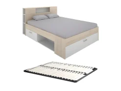 Vente-unique Lit avec tête de lit rangements et tiroirs - 140 x 190 cm - Coloris : Naturel et blanc + Sommier - LEANDRE* Lit Avec Rangement