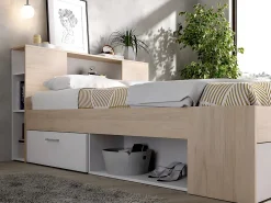 Vente-unique Lit avec tête de lit rangements et tiroirs - 140 x 190 cm - Coloris : Naturel et blanc + Sommier - LEANDRE* Lit Avec Rangement