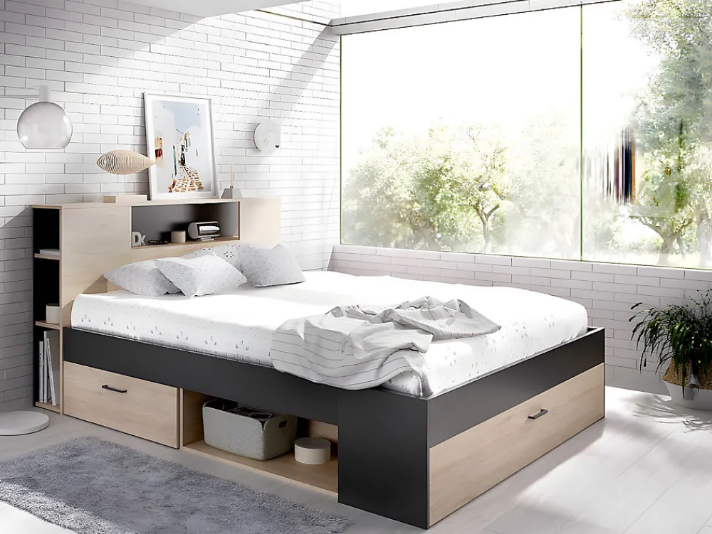 Vente-unique Lit avec tête de lit rangements et tiroir - 90 x 190 cm - Blanc + Sommier - LEANDRE* Lit Avec Rangement