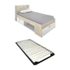 Lit avec tête de lit rangements et tiroir - 90 x 190 cm - Blanc et Naturel + Sommier - LEANDRE>Vente-unique Sale
