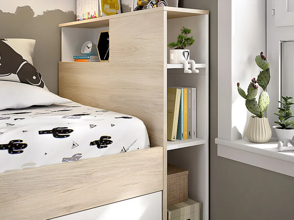 Lit avec tête de lit rangements et tiroir - 90 x 190 cm - Blanc et Naturel + Sommier - LEANDRE>Vente-unique Sale