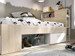 Lit avec tête de lit rangements et tiroir - 90 x 190 cm - Blanc et Naturel + Sommier - LEANDRE><noscript><img width=
