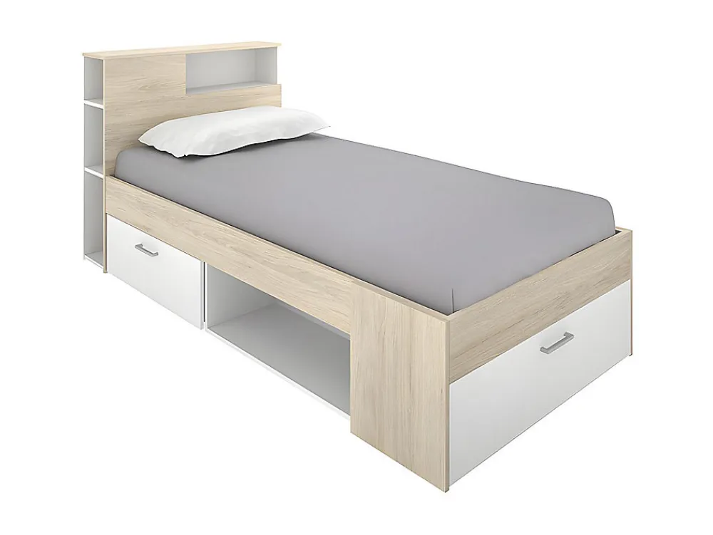 Lit avec tête de lit rangements et tiroir - 90 x 190 cm - Blanc et Naturel + Sommier - LEANDRE>Vente-unique Sale