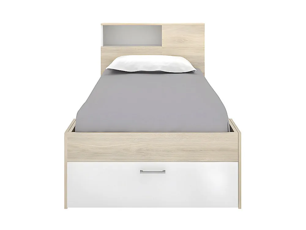 Lit avec tête de lit rangements et tiroir - 90 x 190 cm - Blanc et Naturel + Sommier - LEANDRE>Vente-unique Sale