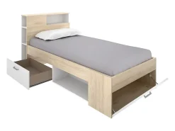 Lit avec tête de lit rangements et tiroir - 90 x 190 cm - Blanc et Naturel + Sommier - LEANDRE><noscript><img width=