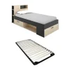 Lit avec tête de lit rangements et tiroir - 90 x 190 cm - Anthracite et naturel + Sommier - LEANDRE>Vente-unique