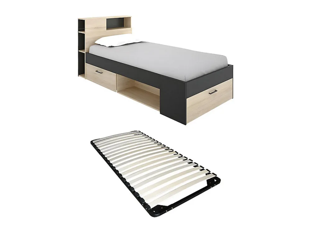 Lit avec tête de lit rangements et tiroir - 90 x 190 cm - Anthracite et naturel + Sommier - LEANDRE>Vente-unique