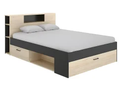 Lit avec tête de lit rangements et tiroirs - 140 x 190 cm - Coloris : Naturel et anthracite - LEANDRE>Vente-unique Outlet