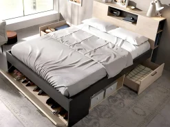 Lit avec tête de lit rangements et tiroirs - 140 x 190 cm - Coloris : Naturel et anthracite - LEANDRE><noscript><img width=