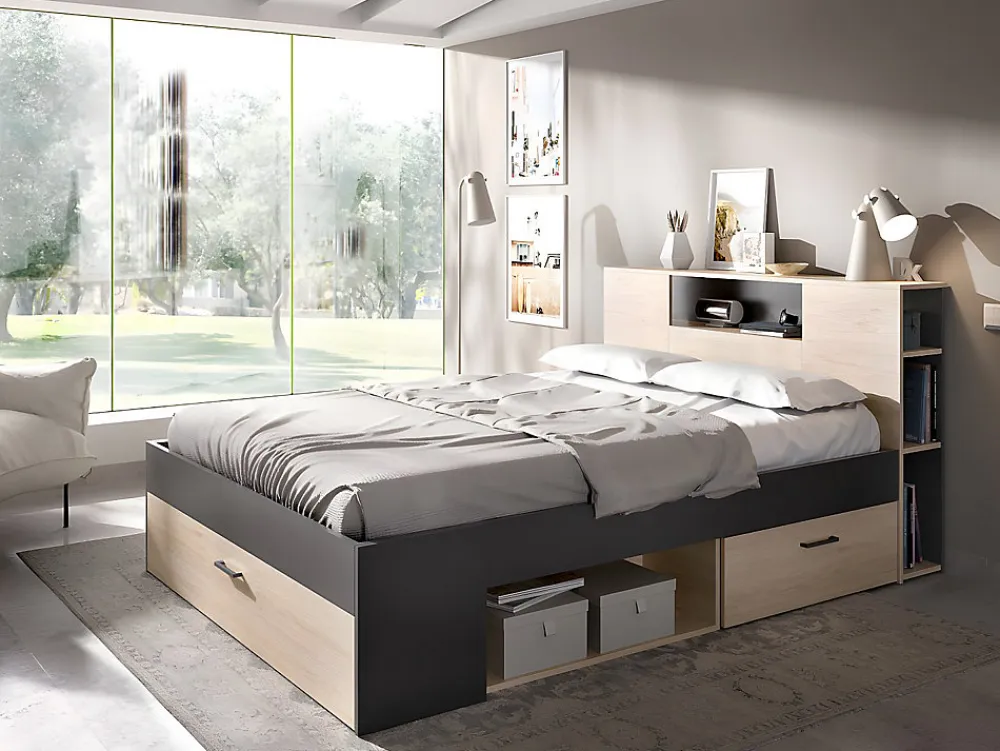 Lit avec tête de lit rangements et tiroirs - 140 x 190 cm - Coloris : Naturel et anthracite - LEANDRE>Vente-unique Outlet