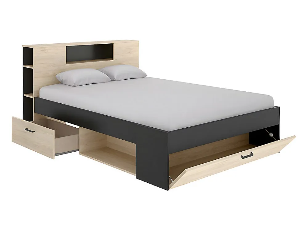 Lit avec tête de lit rangements et tiroirs - 140 x 190 cm - Coloris : Naturel et anthracite - LEANDRE>Vente-unique Outlet