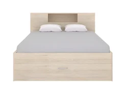 Vente-unique Lit avec tête de lit rangements et tiroirs - 160 x 200 cm - Coloris : Naturel + Sommier - LEANDRE* Lit Avec Rangement