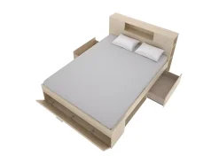 Vente-unique Lit avec tête de lit rangements et tiroirs - 160 x 200 cm - Coloris : Naturel + Sommier - LEANDRE* Lit Avec Rangement