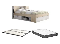Lit avec tête de lit rangements et tiroirs - 160 x 200 cm - Coloris : Naturel et blanc + Sommier + Matelas - LEANDRE>Vente-unique New