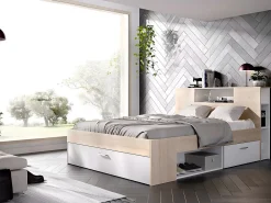 Lit avec tête de lit rangements et tiroirs - 160 x 200 cm - Coloris : Naturel et blanc + Sommier + Matelas - LEANDRE><noscript><img width=