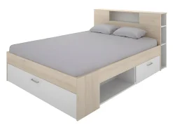 Lit avec tête de lit rangements et tiroirs - 160 x 200 cm - Coloris : Naturel et blanc + Sommier + Matelas - LEANDRE><noscript><img width=