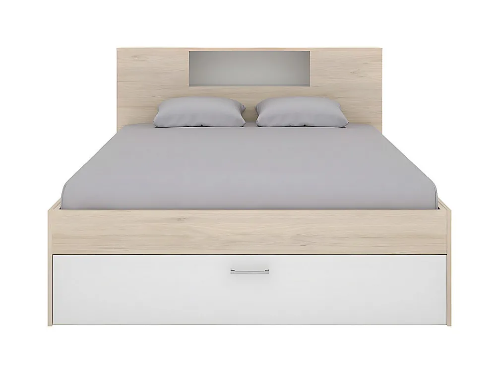 Lit avec tête de lit rangements et tiroirs - 160 x 200 cm - Coloris : Naturel et blanc + Sommier + Matelas - LEANDRE>Vente-unique New