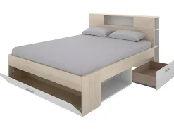 Lit avec tête de lit rangements et tiroirs - 160 x 200 cm - Coloris : Naturel et blanc + Sommier + Matelas - LEANDRE><noscript><img width=