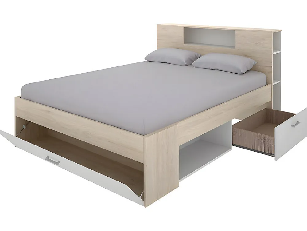 Lit avec tête de lit rangements et tiroirs - 160 x 200 cm - Coloris : Naturel et blanc + Sommier + Matelas - LEANDRE>Vente-unique New