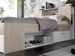 Lit avec tête de lit rangements et tiroirs - 160 x 200 cm - Coloris : Naturel et blanc + Sommier + Matelas - LEANDRE><noscript><img width=