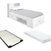 Lit avec tête de lit rangements et tiroir - 90 x 190 cm - Blanc + matelas + sommier - LEANDRE>Vente-unique Online