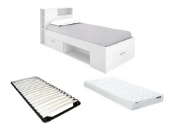 Lit avec tête de lit rangements et tiroir - 90 x 190 cm - Blanc + matelas + sommier - LEANDRE>Vente-unique Online