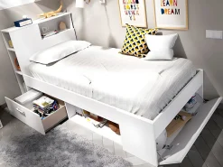 Lit avec tête de lit rangements et tiroir - 90 x 190 cm - Blanc + matelas + sommier - LEANDRE><noscript><img width=