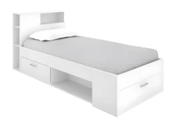 Lit avec tête de lit rangements et tiroir - 90 x 190 cm - Blanc + matelas + sommier - LEANDRE><noscript><img width=