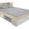 Lit avec tête de lit rangements et tiroirs - 160 x 200 cm - Coloris : Naturel et blanc - LEANDRE>Vente-unique Sale