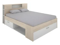 Lit avec tête de lit rangements et tiroirs - 160 x 200 cm - Coloris : Naturel et blanc - LEANDRE>Vente-unique Sale