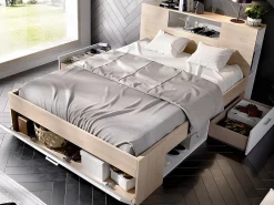 Lit avec tête de lit rangements et tiroirs - 160 x 200 cm - Coloris : Naturel et blanc - LEANDRE><noscript><img width=