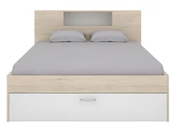 Lit avec tête de lit rangements et tiroirs - 160 x 200 cm - Coloris : Naturel et blanc - LEANDRE><noscript><img width=