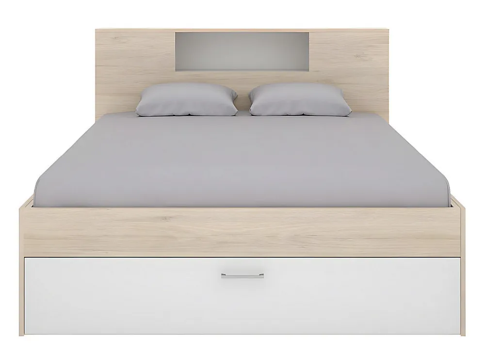 Lit avec tête de lit rangements et tiroirs - 160 x 200 cm - Coloris : Naturel et blanc - LEANDRE>Vente-unique Sale