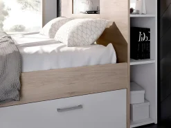Lit avec tête de lit rangements et tiroirs - 160 x 200 cm - Coloris : Naturel et blanc - LEANDRE><noscript><img width=