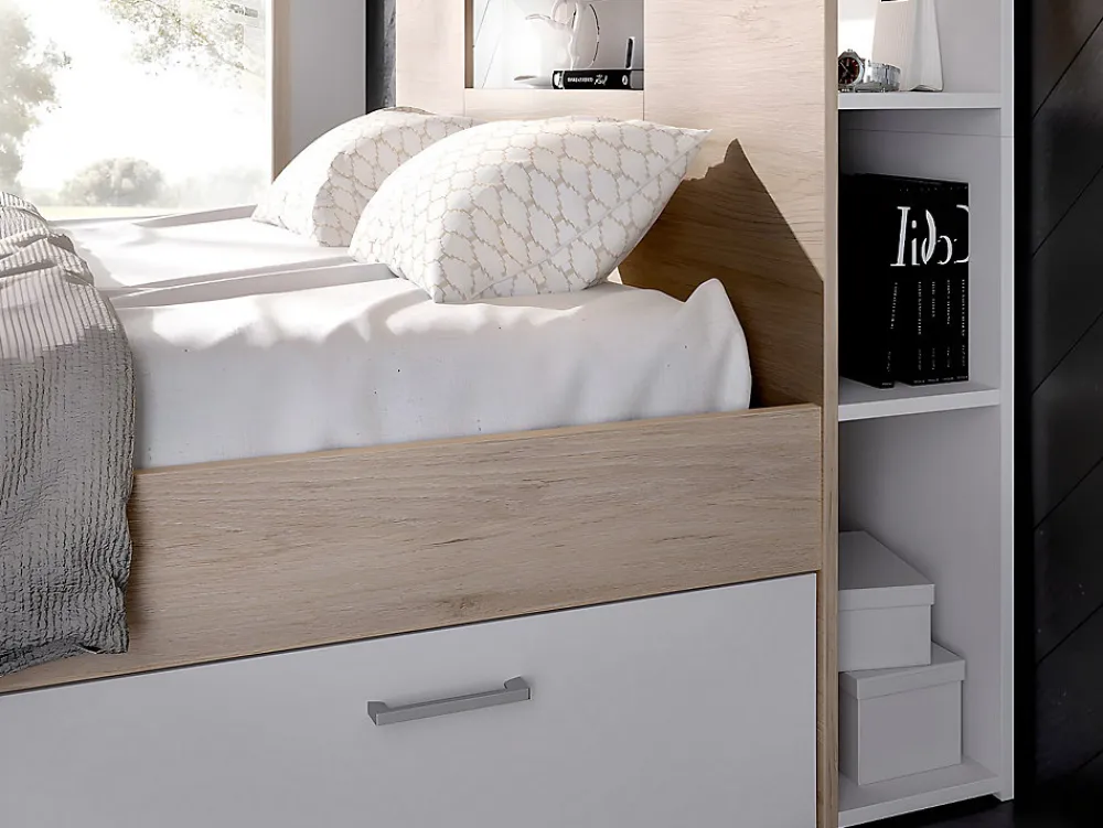 Lit avec tête de lit rangements et tiroirs - 160 x 200 cm - Coloris : Naturel et blanc - LEANDRE>Vente-unique Sale